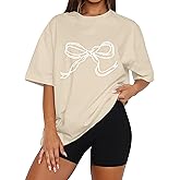 MISSACTIVER Women’s Oversized Bow Graphic T-Shirt Drop Shoulder Short Sleeve Graphics Tee Shirt Casual Outfit Going Out Top