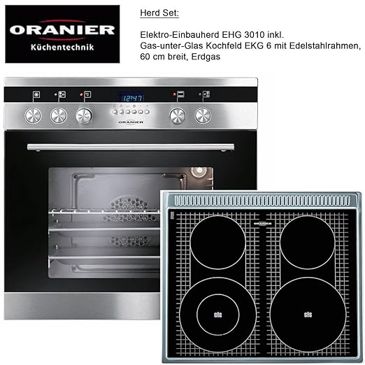 Einbauherd inkl. Kochfeld mit Edelstahlrahmen / Gas unter Glas Kochfeld / 60 cm breit / Erdgas / im Set von Oranier