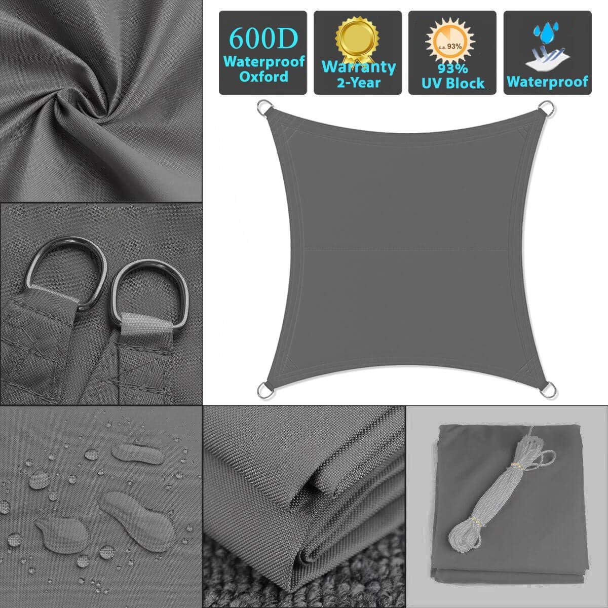 RICHIE Shade Sail Rectangle 12'x12' Waterproof Sun Shade Sail Outdoor Canopy Awning 98% UV Block Patio and Pergola Cover, Grey : Garden & Outdoor