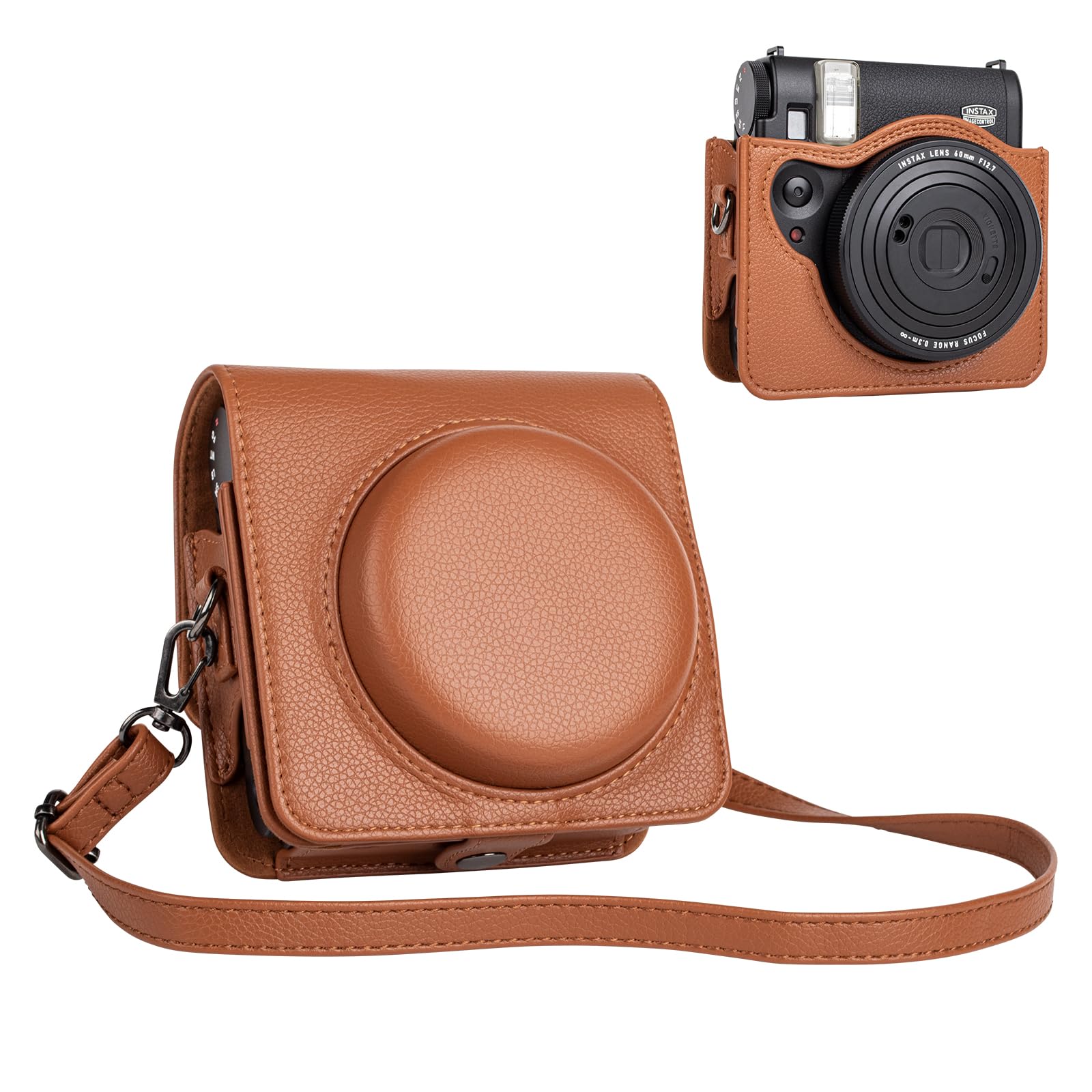 HIYQIN Upgraded Leather Case Compatible with Fujifilm Mini 99 Instant Camera, Mini 99 Case Integrated Protective Cover with Shoulder Strap - Brown