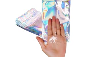 100 Pcs Holographic Resealable Packaging Bags for Small Business, Foil Pouch Sample Bags, Cute Ziplock Smell Proof Storage Ba