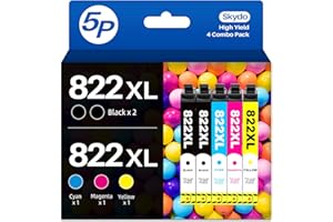[5-Pack] 822XL Ink Cartridges Combo Pack (2Black, Cyan, Magenta, Yellow) Replacement Compatible for Epson 822XL 822 XL T822 U