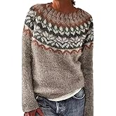 Women's Knitted Fair Isle Print Retro Sweater Casual Loose Crewneck Long Sleeve Lightweight Cropped Pullover Tops 2025