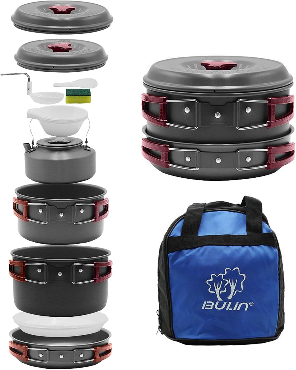 Bulin 27/13/11/8/3 PCS Camping Cookware Mess Kit, Nonstick Lightweight Backpacking Cooking Set, Outdoor Cook Gear for Family Hiking, Picnic(Kettle, Pot, Frying Pan, BPA-Free Bowls, Plates, Spoon)