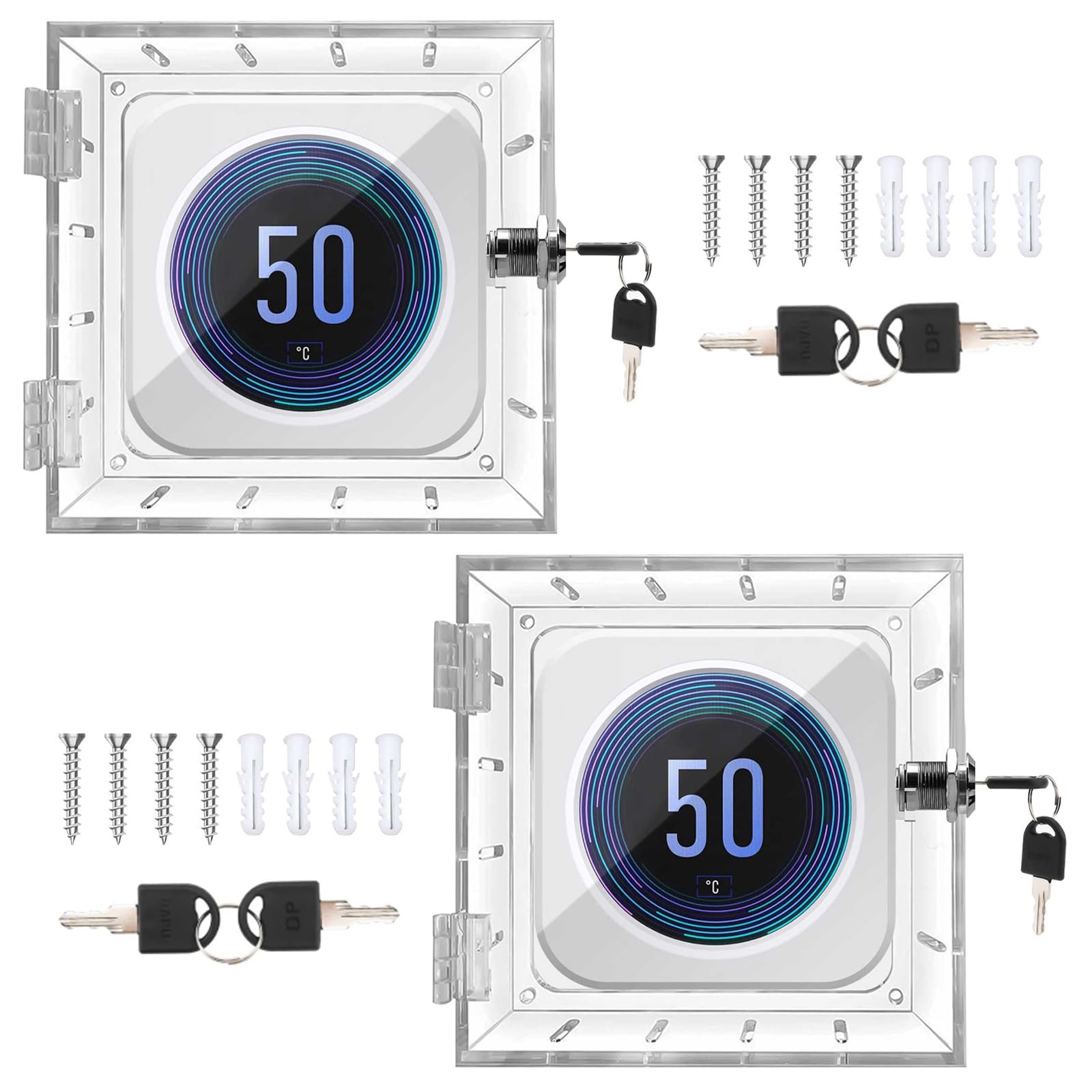 2PCS Thermostat Cover with Lock, Wall Mounted Acrylic Thermostat Guard Box with 4pcs Screws & Bolts, Transparent Thermostat Protective Cover for Restaurants School Ac Panel (2PCS#1 Keylock)