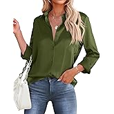 HOTOUCH Button Down Shirts for Women Satin Silk Collared Dressy Casual Blouses Loose Long Sleeve Office Work Tops