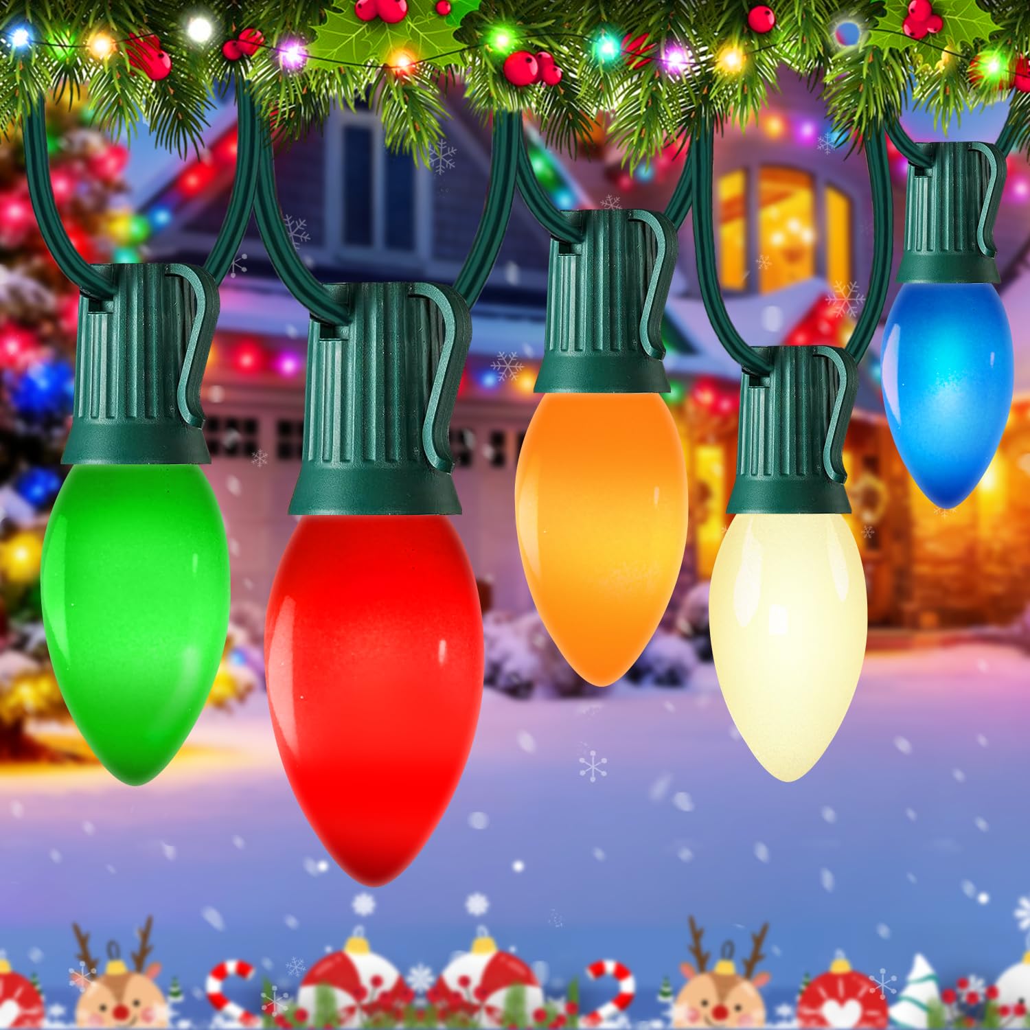 Photo 1 of **MISSING SOME**PASUTO 50FT C9 Multicolor Christmas Lights Outdoor, Vintage Christmas Lights Green Wire with 50+5 Multicolored C9 Ceramic Bulbs, Hanging String Light for Xmas Tree Home Yard Party Decor, 7W, E17 Base