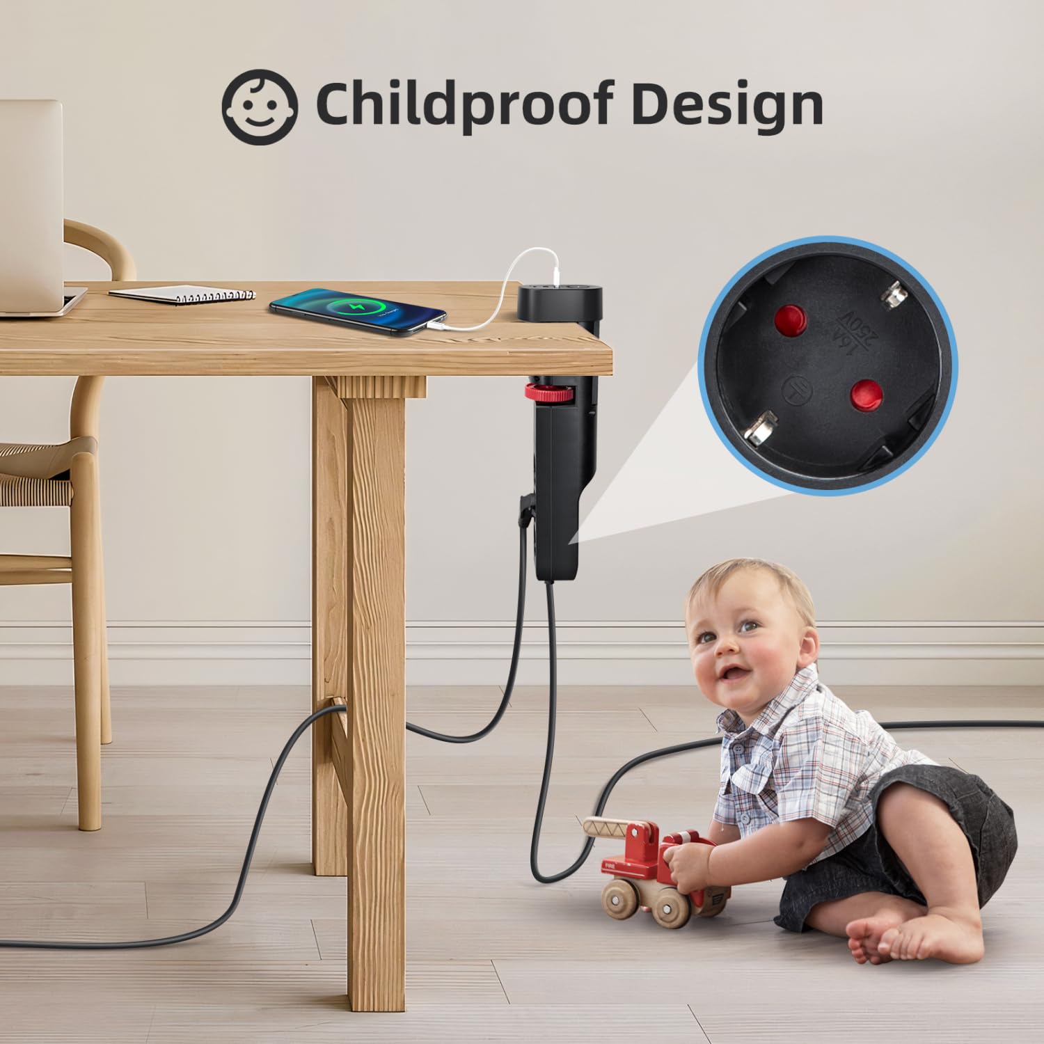 Aigostar Tischsteckdose 3-Fach mit Schalter, Steckdosenleiste mit Tischclip, Steckerleiste mit 3 USB, 6 in 1 Mehrfachsteckdose,1.4M Kabel, Schwarz 5