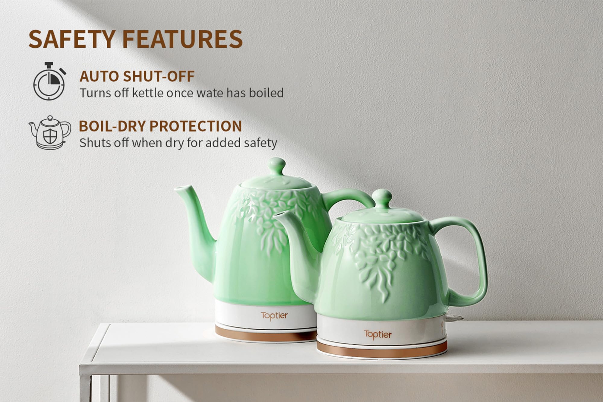 Toptier Electric Ceramic Tea Kettle, Boil Water Quickly and Easily, Detachable Swivel Base & Boil Dry Protection, Carefree Auto Shut Off, 1 L, Green Leaf