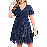 CYCLAMEN Plus Size Sparkly Mesh Dress A Line Short Ruffle Sleeve V Neck Wrap Glitter Dresses Wedding Guest Cocktail Club