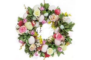 DearSun 11.2" Easter Wreath with Flowers, Eggs, Green Leaves and Twine, Hanging on Home Indoor Outdoor Front Door Wall Decorations(Wreath 2)