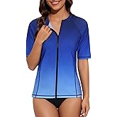 Tournesol Women's Rash Guard Short Sleeve Swim Shirt Zip Front Swim Top UV Sun Protection Swimsuit Top No Bra