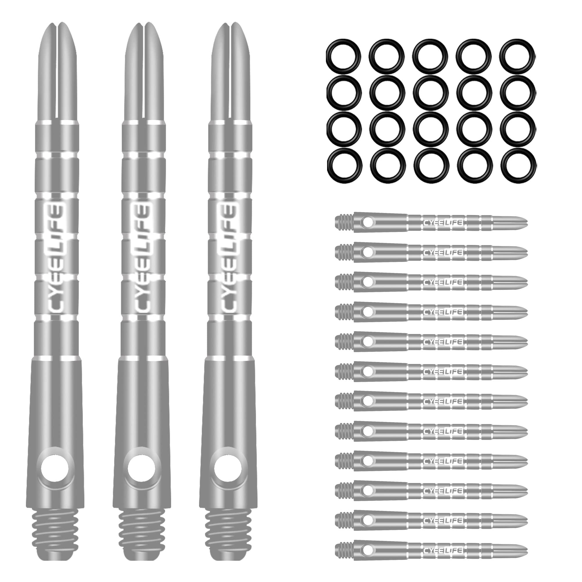 CyeeLife Pro Dart Shafts Aluminium 15pcs with 20pcs Rubber O Rings,Silver 48mm