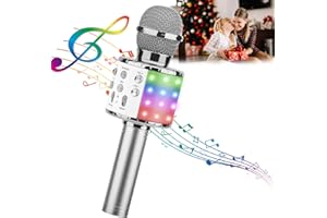 ShinePick Karaoke Microphone, 4 in 1 Wireless Microphone with LED Lights Handheld Portable Karaoke Machine, Home KTV Player, Compatible with Android & iOS Devices (Silver)