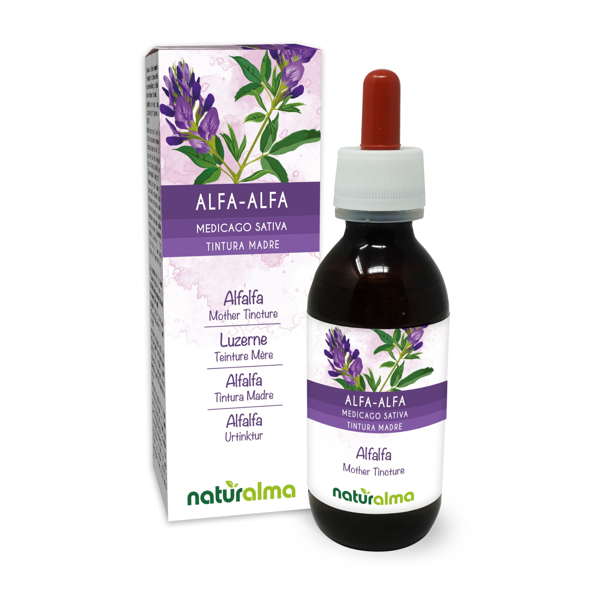 Alfalfa or Lucerne (Medicago Sativa) herb with Flowers Alcohol-Free Mother Tincture Naturalma - Rich in Natural Chlorophyll - Liquid Extract Drops 100 ml - Food Supplement - Vegan