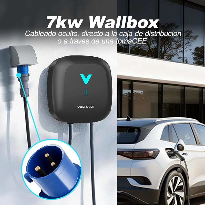 Wallbox 7,4 kW Tipo 2 con App, Colonnina Ricarica Auto Elettrica 6-32A 230V, 6m Wallbox Monofase con RCD Tipo A, IP67, Carichino Auto Elettrica per WiFi e Bluetooth, per EV/PHEV