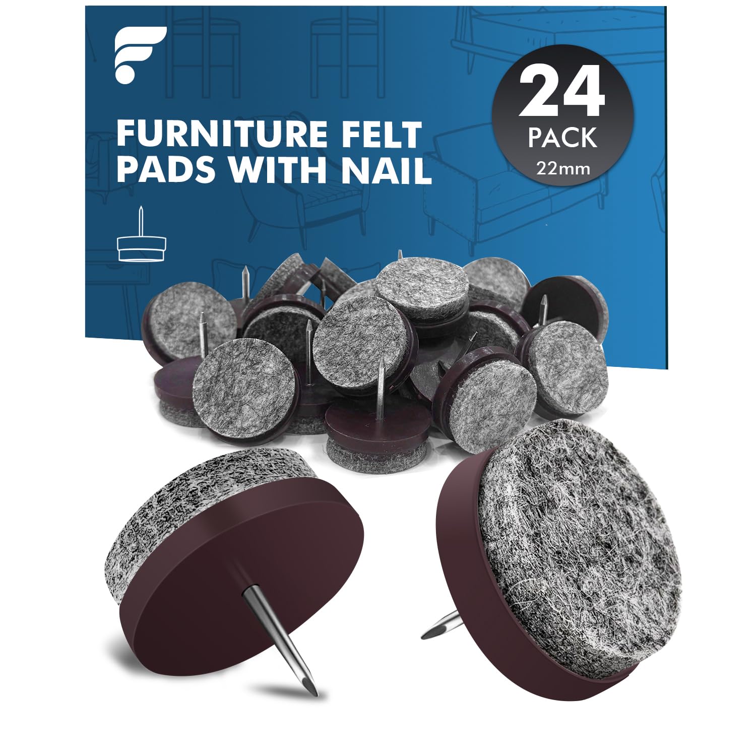 shinfly 24 PCS Chair Leg Floor Protectors, Non Slip Felt Pads for Furniture Feet, Nail in Chair Leg Floor Protectors with 5mm Thick, Diameter 22mm, floor protectors for furniture legs