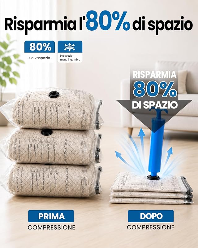 Sacchetti Sottovuoto Vestiti con Pompa Manuale, 4 Buste Sottovuoto Vestito (4 * 50x40cm), Sacchi Sottovuoto Vestito per Viaggi, Traslochi e Stoccaggio