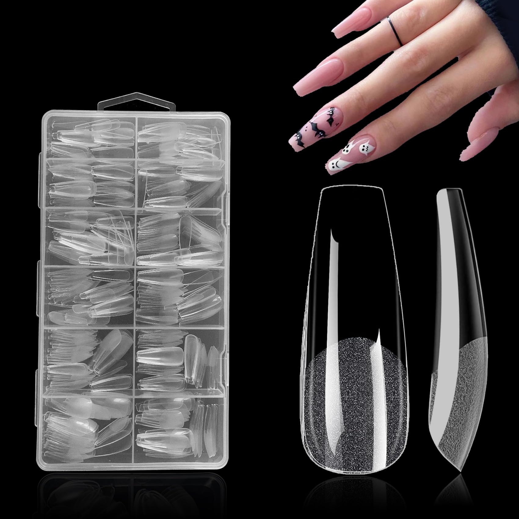 Coffin Nail Tips- SanFangyue Acrylic Nail Kit, 504Pcs Soft Gel Full Cover Tips for Soak Off Gel X Nail Extensions kit - False Nails 12 Sizes