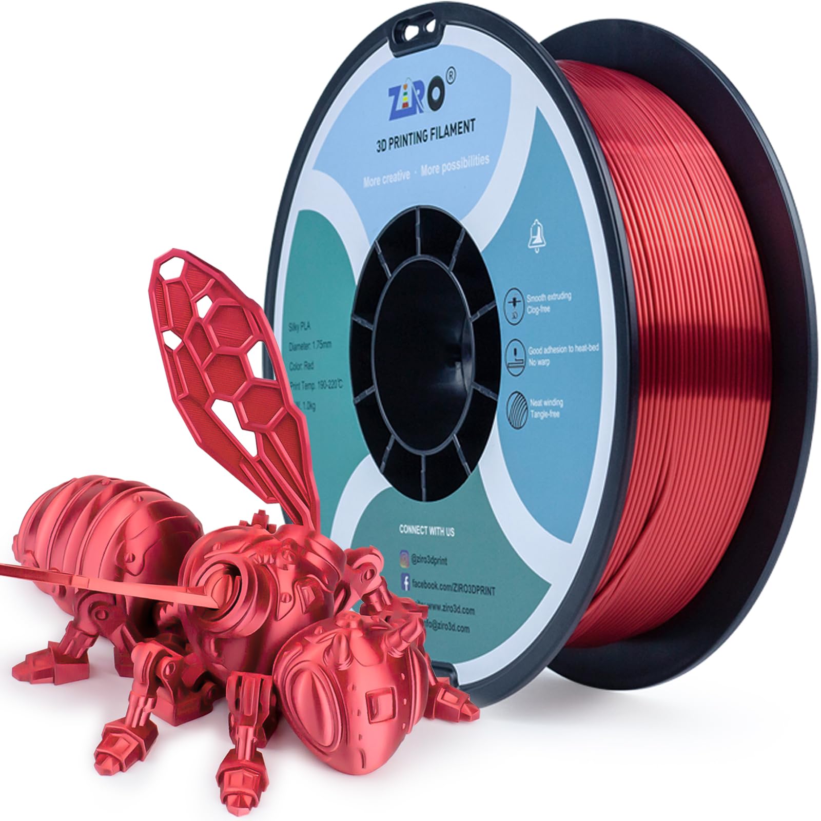 ZIRO PLA Silk Filament 1.75mm, 3D Printer Filament PLA Silky Series 1.75mm 1KG(2.2lbs), Dimensional Accuracy +/- 0.03mm, Red