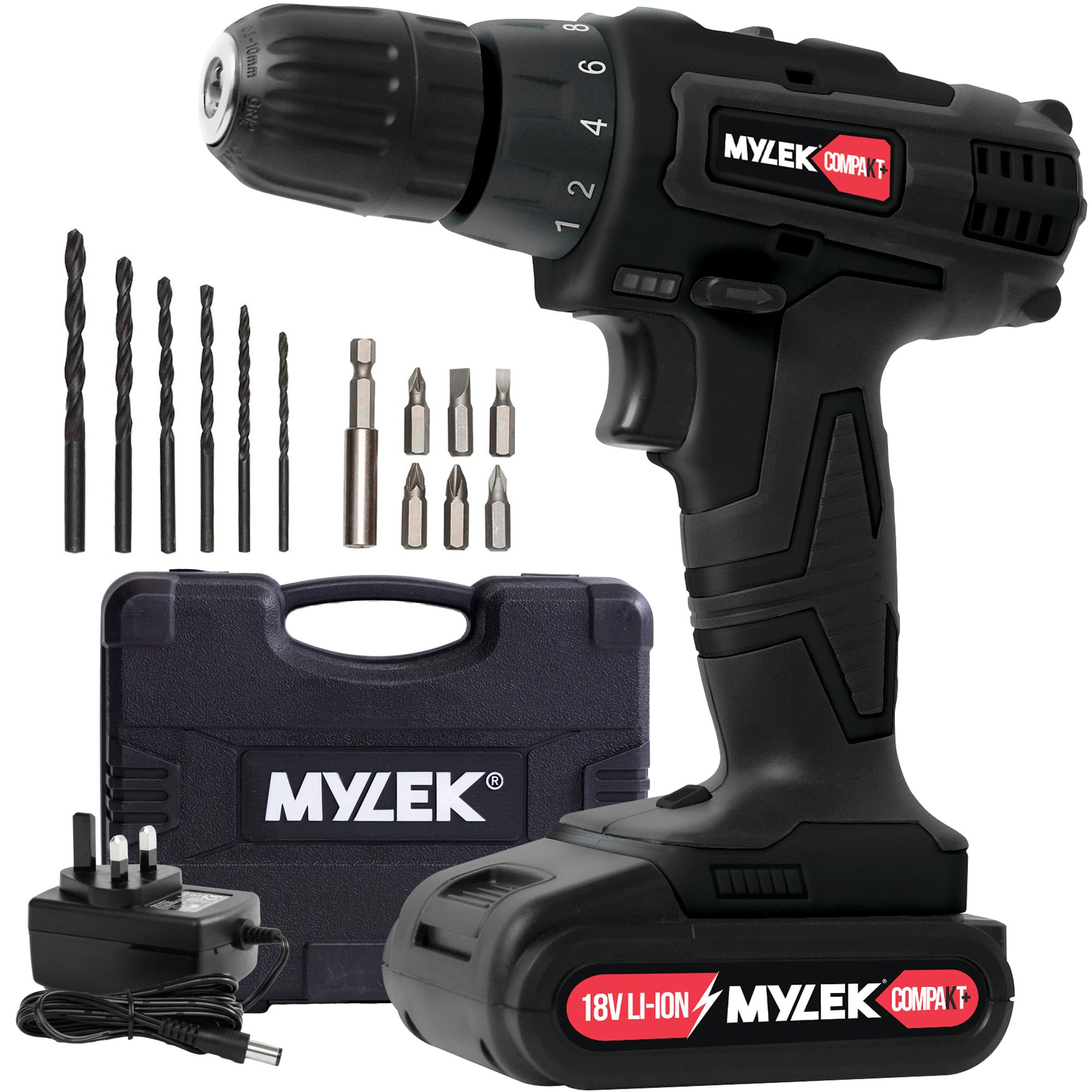 MYLEK MYCCB1 18V Cordless Drill Driver Lithium Ion Powerful Battery Electric Screwdriver Set, 18 Volts, 13pce Accessories Kit, Black (18V 2 Speed)