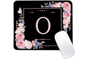 Letter O Black and Pink Flowers Square Mouse Pad, Mouse Pad with Stitched Edge and Non-Slip Rubber Base,Mouse Mat,Home Office