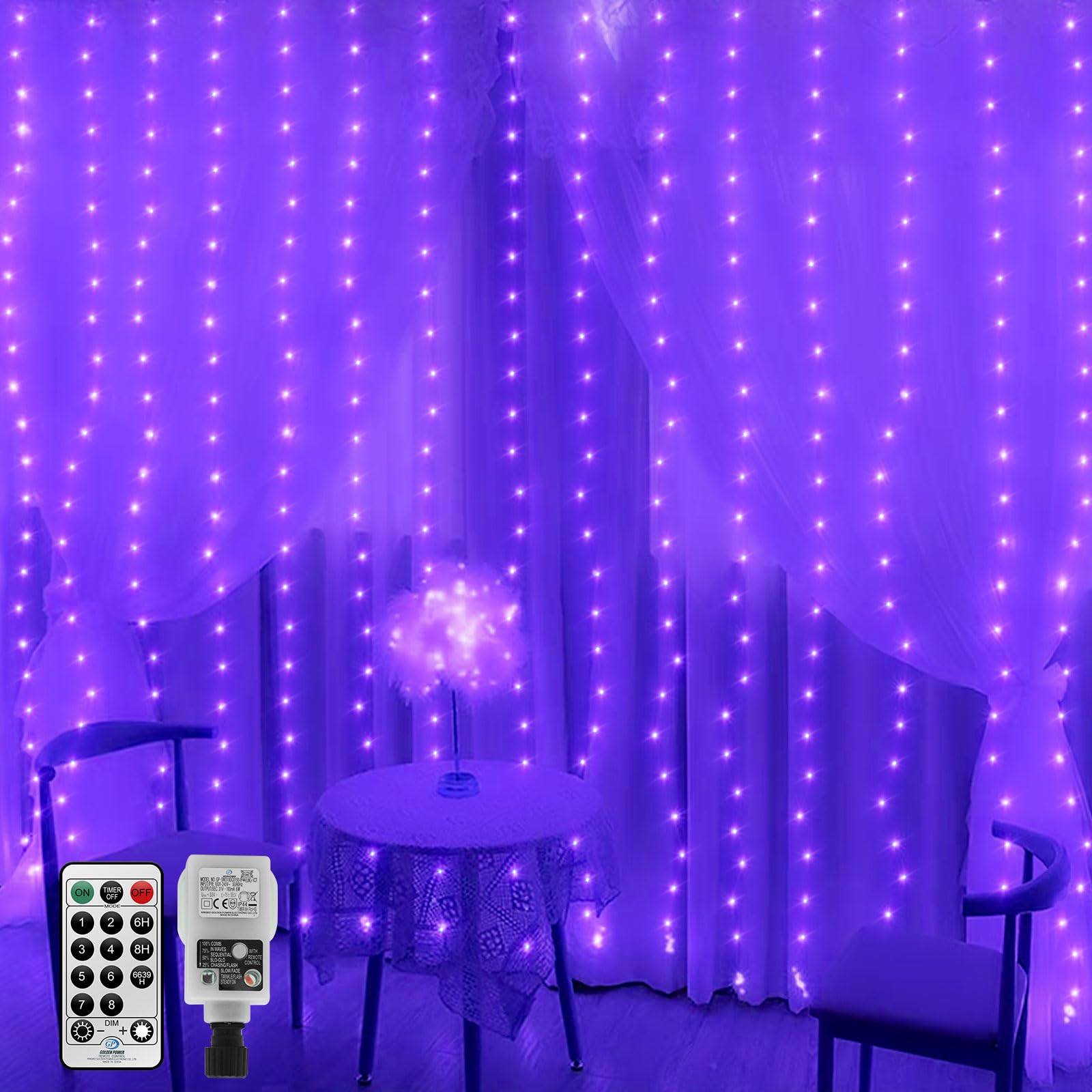 CORST 2M x 2M 204LED Curtain Lights Indoor UV Fairy Light Plug in,Purple Hanging Backdrop Window Curtain Lights UV Blacklights with Remote,Timer,Waterproof,Connectable for Gazebo Wall Gift