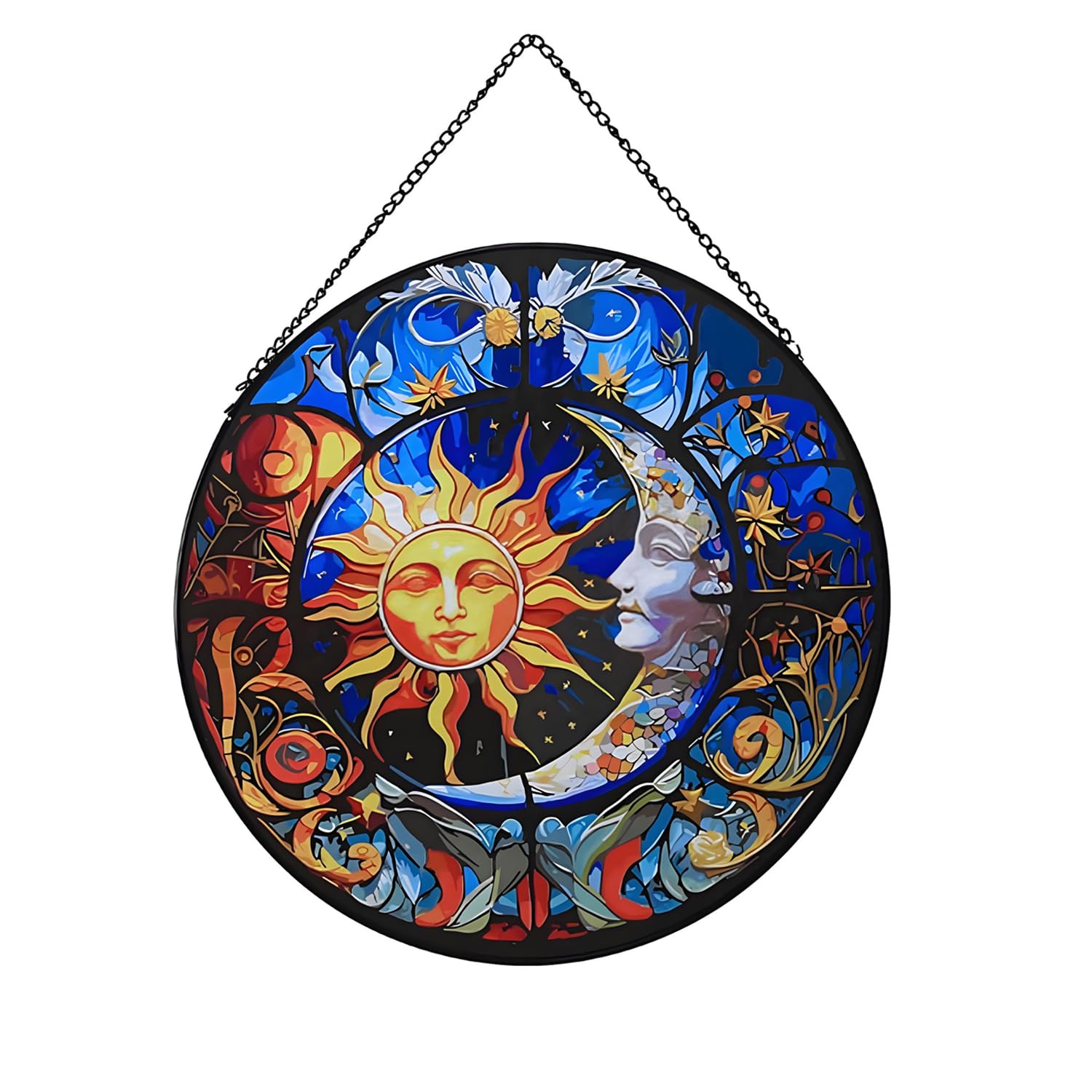 Payutou Hanging Stained Glass for Windows,20cm/7.87inch Sun and Moon Hand-Painted Glass Panel Window Hanging Suncatchers Christmas Ornaments Home Courtyard Decor,Housewarming Gift