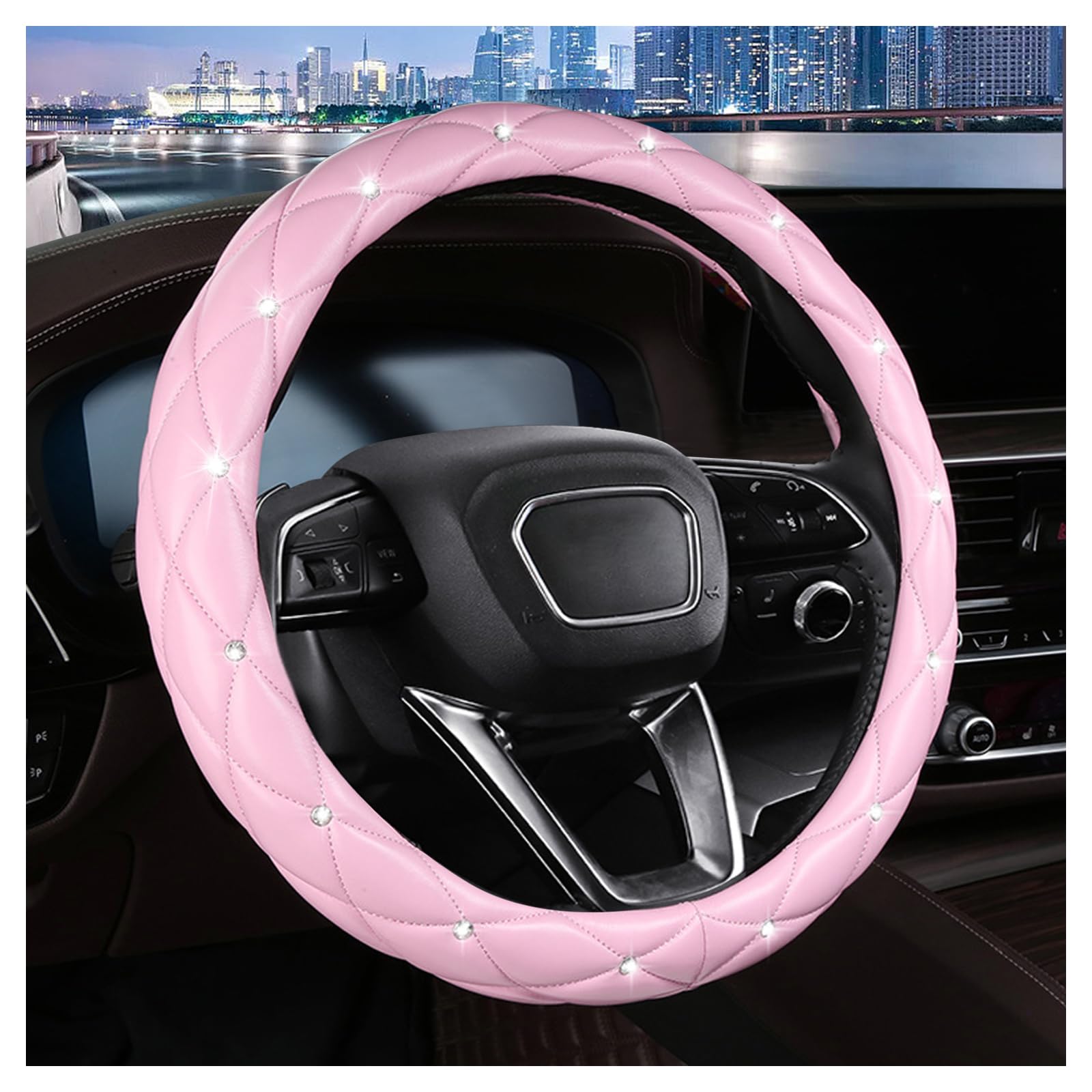 Photo 1 of Cute Sparkly Pink Car Steering Wheel Cover, Soft Breathable Anti-Slip PU Leather Steering Wheels Covers with Diamond Bling Rhinestone,Universal Protector Cars Accessories