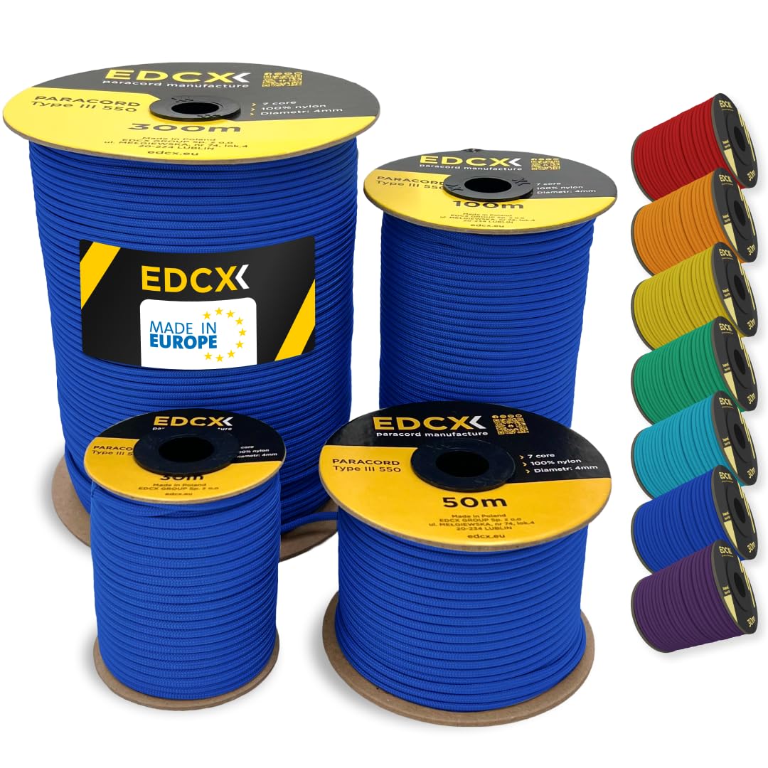 EDCX 4mm Nylon Paracord 550 100m (330 feet) | Ideal for Camping, Survival, Outdoor, Crafting, DIY | 100% Nylon Rope 4mm | Paracord 550 Type III in Solid Color (Blue, 100 m)