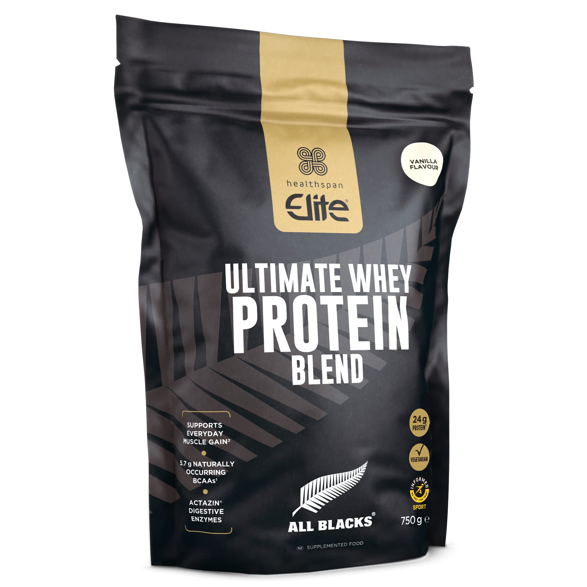 Healthspan Elite All Blacks Ultimate Whey Protein Blend (750g) | Whey Concentrate & Isolate Proteins | 24g Protein Per Serving | Muscle Gain | 5.7g BCAAs | Contains Actazin | Vegetarian (Vanilla)