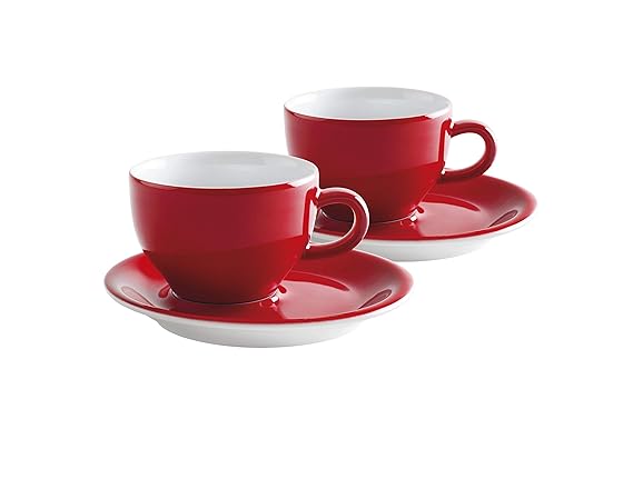 Kahla 21D250A60017C Café Sommelier |Cappuccino Tassen-Set Porzellan | 200 ml rund rot weiß mit Untertassen Set 4 teilig für 2