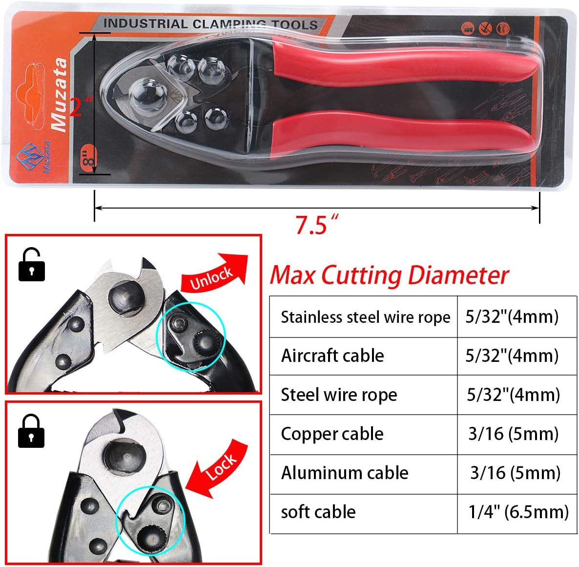 Muzata Stainless Steel Wire Rope Aircraft Bicycle Cable Cutter for Deck Railing, Up to 5/32" CR12, Series CT1 - - 