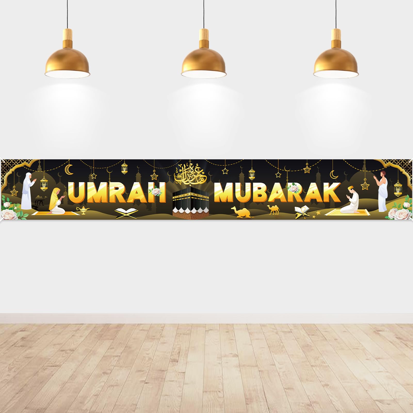DPKOW Banner Umrah Mubarak Decoration Black Gold, Long Banner for Islamic Muslim Umrah Mubarak Indoor Outdoor Decoration عمرة مبارك Banners, 270 * 40cm