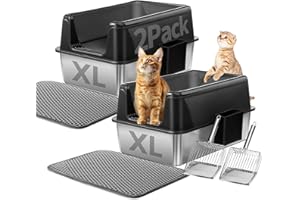 Marchul 2 Pack Stainless Steel Cat Litter Box with Litter Scoop Holder, XL Litter Boxes with Metal Scoop, Litter Mat, Easy to Clean for Indoor Big Cats,High Sides, Multicat Home,Anti-Urine Leakage