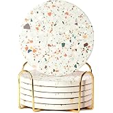 Terrazzo Coasters Set of 6, Colorful Boho Absorbent Ceramic Coasters | Speckled terrazzo drink coasters for coffee table &amp; desk; moisture-absorbing stone, boho home decor, housewarming gift