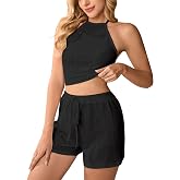 Womens Pajama Sets 2 Piece Summer Lounge Sets for Women Adjustable Halter-Neck Crop Top and Shorts Outfits Loungwear S-XL