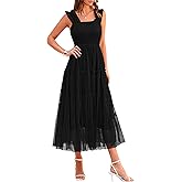 PRETTYGARDEN Women's Summer Tulle Midi Dress Sleeveless Smocked Ruffle Flowy Mesh Dresses Party Wedding Guest Sundress