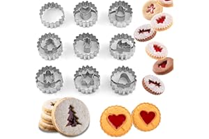 Crethinkaty 9 Pcs Mini Linzer Cookie Cutters Set, Stainless Steel - Christmas Tree, Gingerbread Man, Snowman, Elk for Winter 