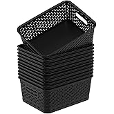 Haodehen 12-Pack Plastic Storage Baskets with Handles , Open Storage Bin, Organizer Basket for Organizing Kitchen, Pantry, Closet, Black