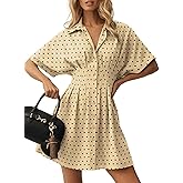 Dokotoo Women's Shirt Dress Casual Button Down Short Sleeve Collared Dresses Summer Shirred High Waist Plaid Gingham Dress