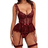 CHALOVELO Lace Bodysuit Women Lingerie Set Sexy Underwire Babydoll with Mini Skirt and Garter Corset Dress Rave Outfit S-2XL