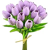 Mandy's Artificial Tulips 20 Stems Lilac PU Faux Flowers for Valentine's Day and Easter Decorations Wedding Home Decor 13.5 Inch