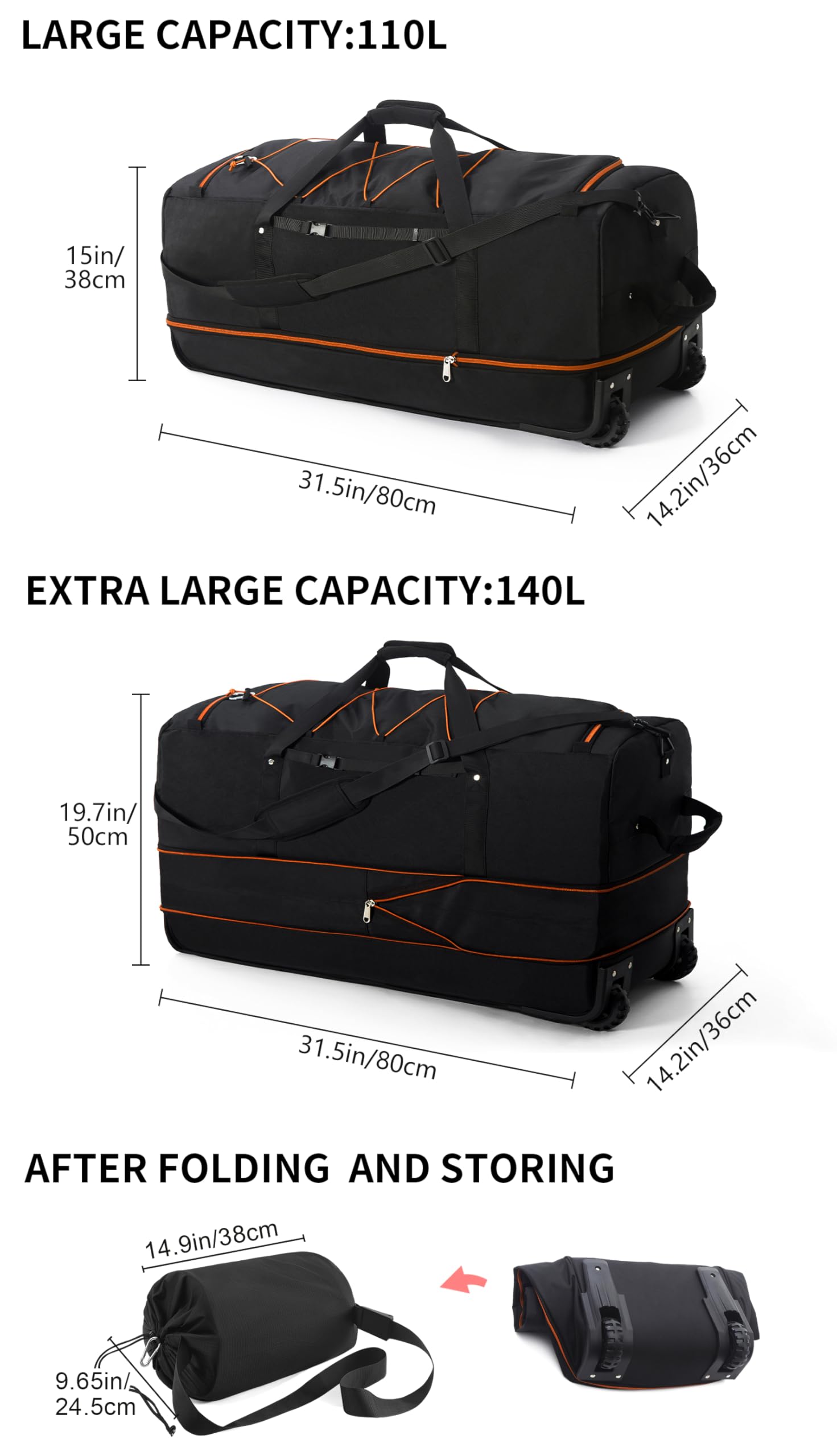 CONTAIL 32” Soft-side 110L Expandable 140L Rolling Duffle Bag with 2 Inline Wheels,Convertible Weekend Travel Bag with Bungee-Cord System,Black-orange