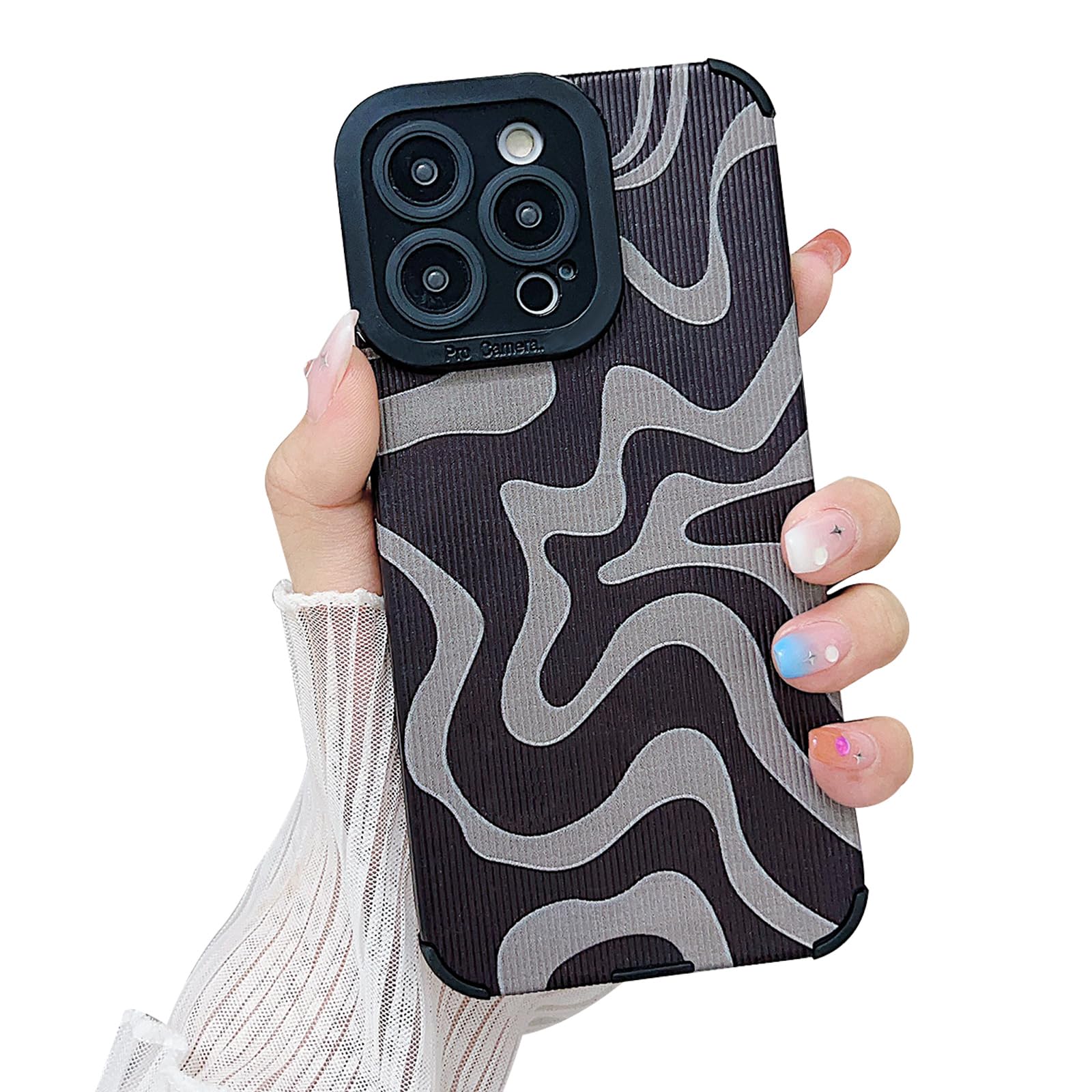 Sayoaho Designed for iPhone 15 Plus Phone Case, Soft PU Leather TPU and Cute Art Wavy Painted for Women Girls, Slim Protective Shockproof Compatible with iPhone Case (Grey, iPhone 15 Plus)