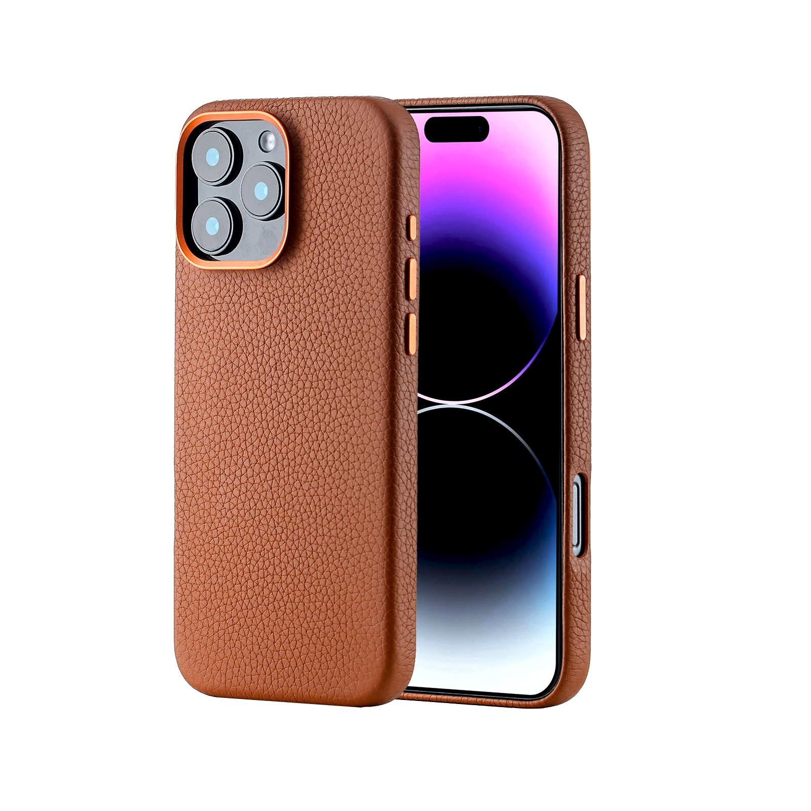 Leather Case for iPhone 16 Pro Case Compatible with MagSafe- Stylish Litchi Top Grain Cowhide Genuine Leather Phone Case with Protective Soft Lining, Metal Buttons & Camera Frame, 6.3 Inch