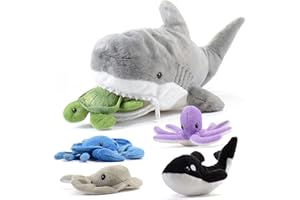 PREXTEX Plush Toy Shark Stuffed Animal with 5 Stuffed Sea Animals - Turtle, Whale, Octopus, Stingray, Crab Plush- Shark Plush Toys for Kids 3-5 - Giant Stuffed Animals Toy - Gift for Sea Animal Lovers