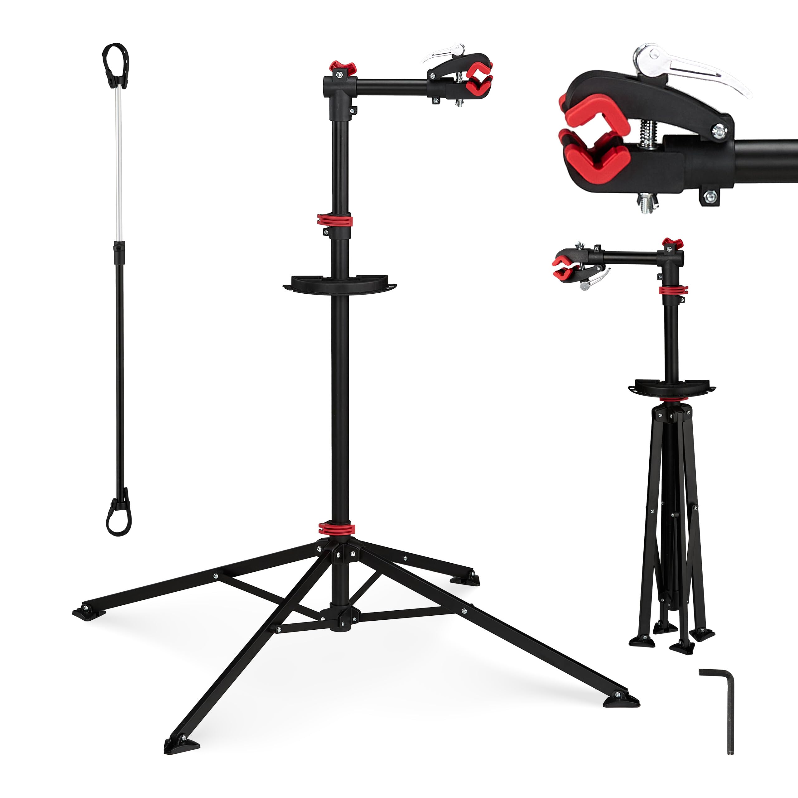 Relaxdays Bicycle Stand with Tool Storage, for Bike Maintenance & Folding and Adjustable, w 4 Legs, Steel, Black