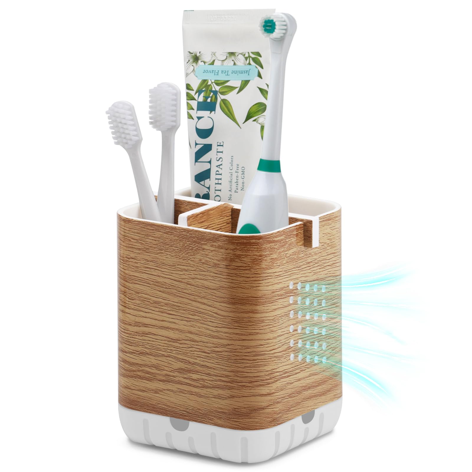 BYUNER Toothbrush Holder Toothbrush Caddy Toothbrush Holders for Bathroom Electric Toothbrush Holder 3 Slots Bathroom Organiser Countertop Storage Toothbrush Stand Toothpaste (Wood)