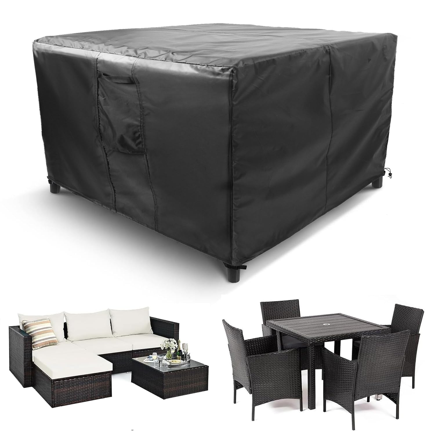 Timizi Garden Furniture Cover Rectangular 200x200x85cm Waterproof, Windproof, Anti-UV Patio Set Cover with Air Vent, for Cube Set, Patio, Outdoor Furniture Protector. - Black